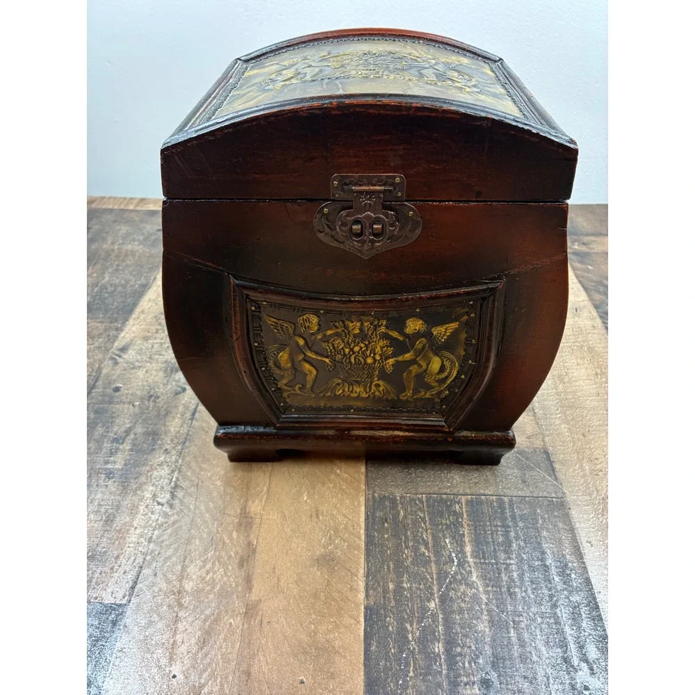 Vintage Wooden Treasure Chest Jewelry Box Cherub Relief Brown Gold Small Trunk